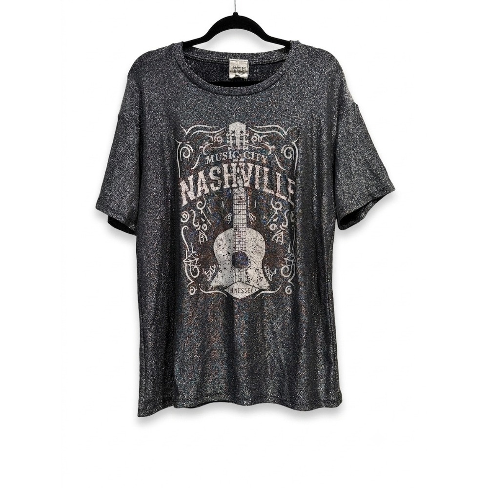 Modish Rebel Nashville Music Made In USA Metallic Lurex Sparkle Stretch Tee L
